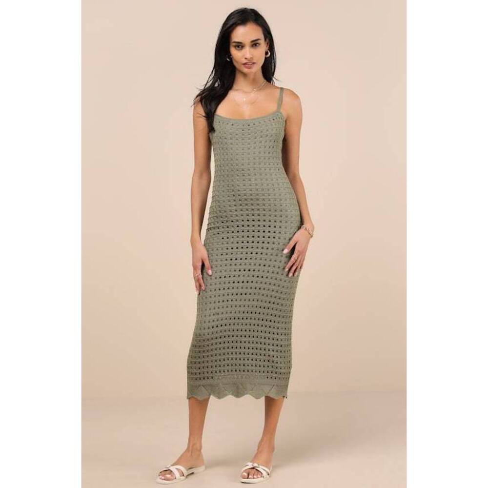 Lulu's Olive Crochet Midi Dress with Scalloped Hem